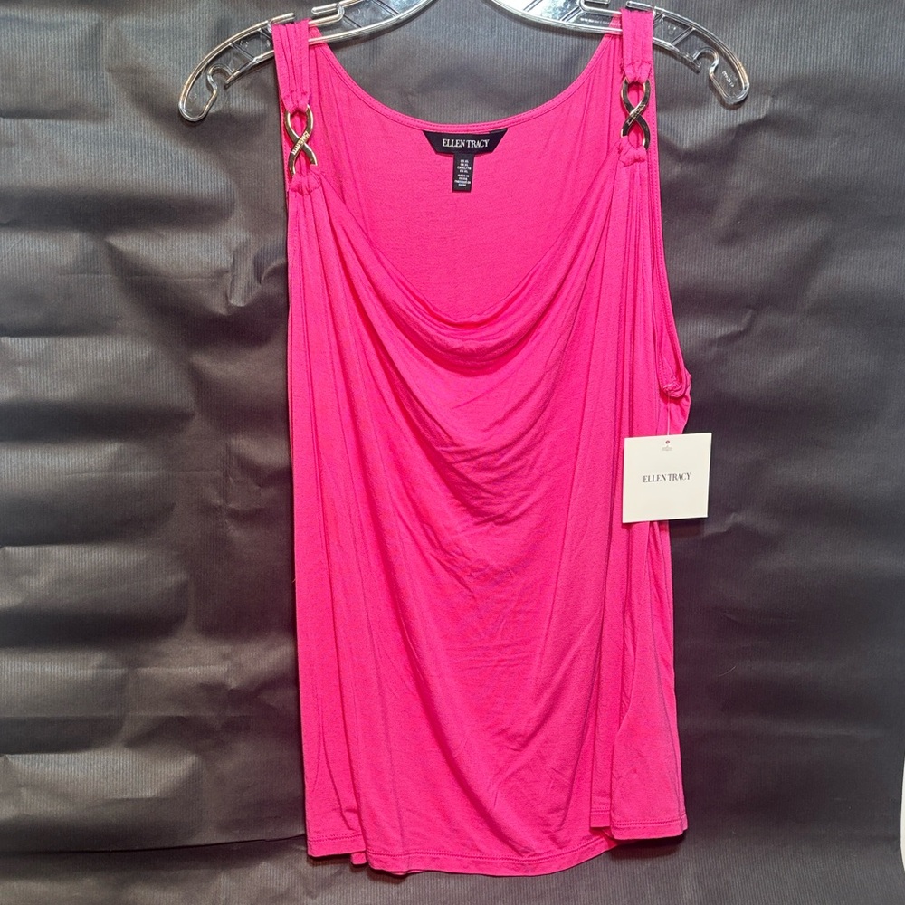 Ellen Tracy Pink Ruched tank top w/gold figure 8 shoulder details! New With Tags